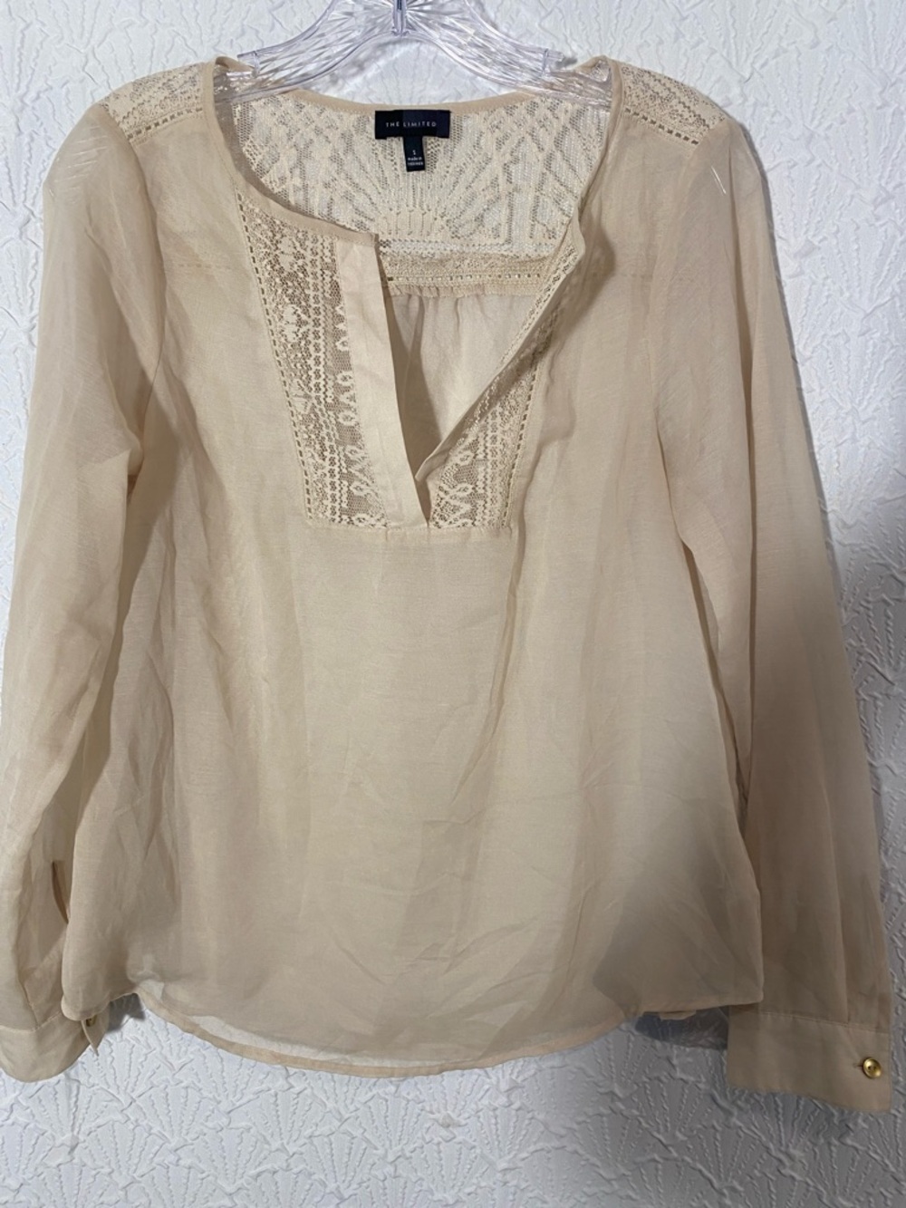 The Limited Beige Crochet-Trim Long Sleeve Blouse Sheer Boho Free Spirited